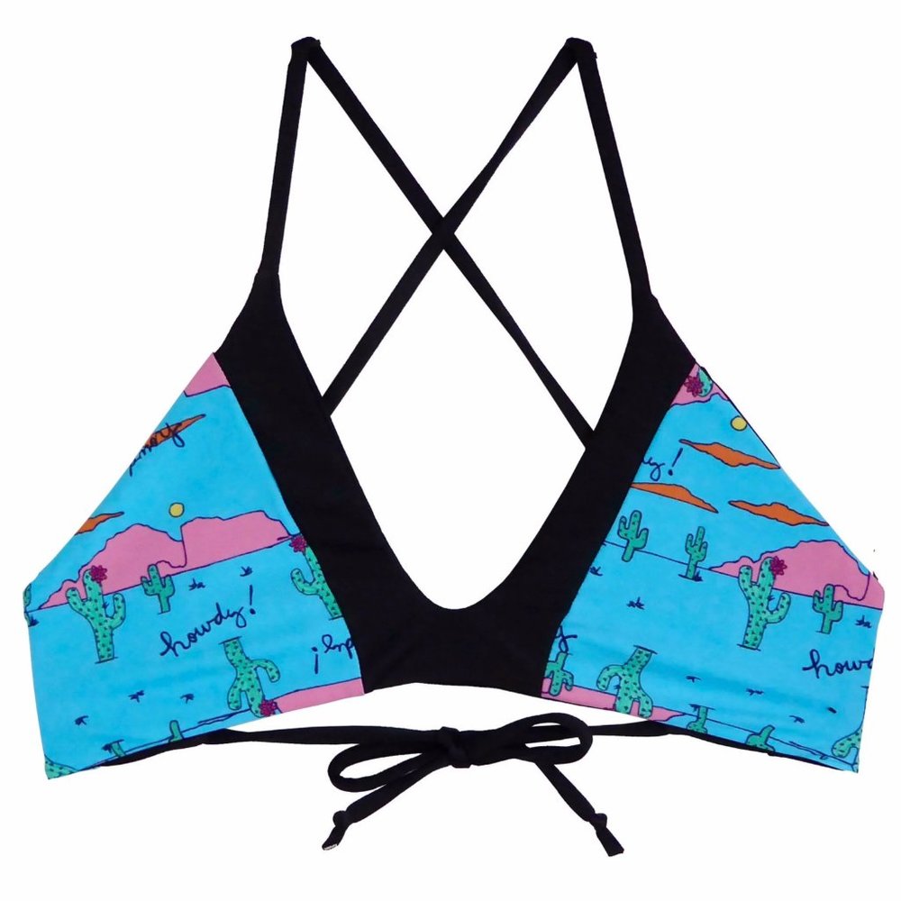JKINIS Blue Howdy Cactus Bikini Top - Angie Top Reversible (Small)